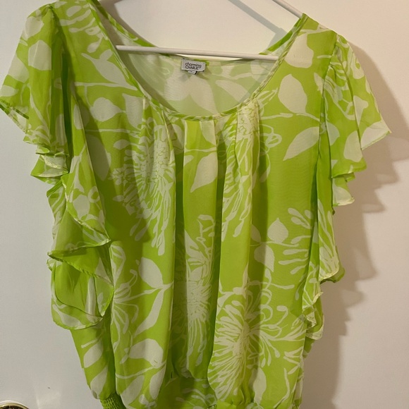Charming Charlie women’s L Sheer Green Floral Top Flowy elastic bottom - Picture 1 of 6